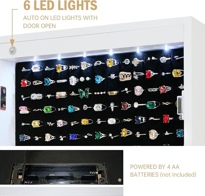 Jewelry Armoire Cabinet Organizer Standing with 20 LED Lights | Lockable Full Length Mirror with Storage Shelves and 2 Drawers (White) Adjustable Tilt Angles Gift for Her