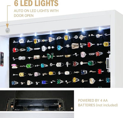 Jewelry Armoire Cabinet Organizer Standing with 20 LED Lights | Lockable Full Length Mirror with Storage Shelves and 2 Drawers (White) Adjustable Tilt Angles Gift for Her
