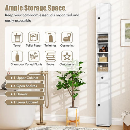 GIANTEX 71” Tall Slim Bathroom Storage Cabinet (White) | Narrow Floor Cabinet with 2 Doors, 5 Adjustable Shelves, 1 Drawer, Anti-Tipping Device for Small Spaces, Living Room, Kitchen