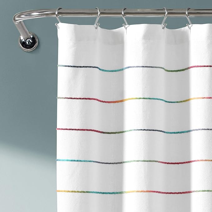 Lush Decor Ombre Stripe Yarn Dyed Cotton Shower Curtain, 72" W x 72" L, Rainbow - Fabric Shower Curtains - Striped Bathroom Curtain - Farmhouse & Coastal Decor