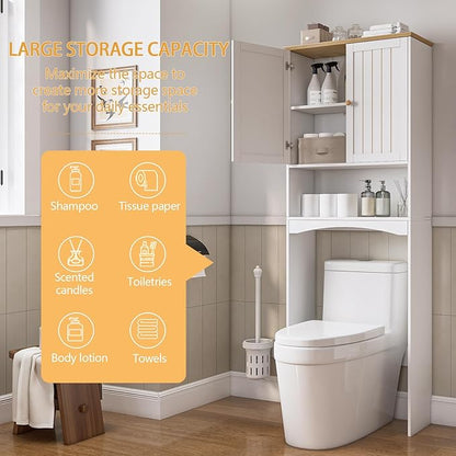 Over The Toilet Storage Cabinet for Small Bathrooms, Freestanding Space Saver with Double Doors & 2 Fixed Shelves, Stable Wood Organizer with Anti-Tip Kit, Fits 33-Inch Clearance, White