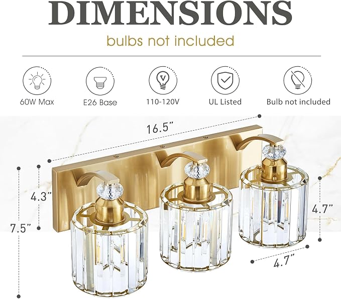 3-Lights Brushed Brass Bathroom Light Fixture Gold Vanity Lights Modern Crystal Bathroom Vanity Lighting Over Mirror Wall Sconce with K9 Crystal Shade E26 Base for Living Room, Bedroom Wall Lamp
