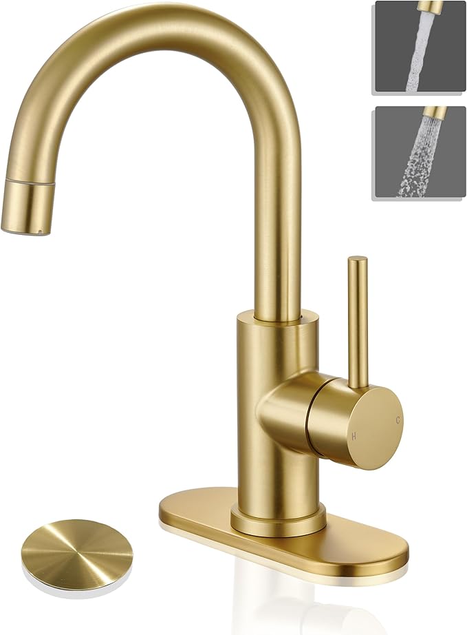 Tohlar Gold Bathroom Faucet, Brushed Gold Wet Bar/Pre-Kitchen Faucet for Sink 1 or 3 Hole, Bathroom Sink Faucet with Deck Plate and Sprayer, Single Handle Bar Sink Faucet with Pop Up Drain