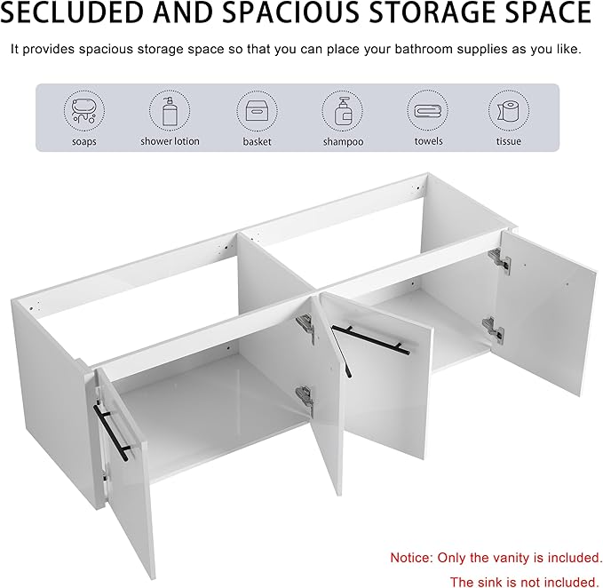 60 Inch Bathroom Vanity Without Sink, 60" Floating Vanity Without Top, Modern Wall Mounted Cabinet for Large Space, Large Bathroom Storage Cabinet with 4 Soft-Closing Doors and Bar Handles