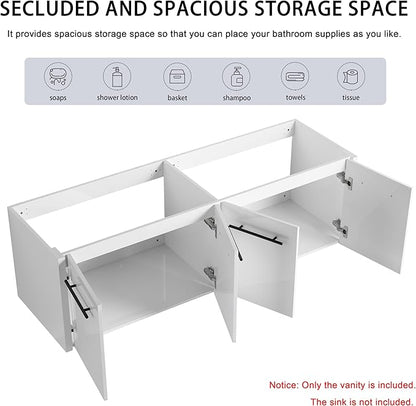 60 Inch Bathroom Vanity Without Sink, 60" Floating Vanity Without Top, Modern Wall Mounted Cabinet for Large Space, Large Bathroom Storage Cabinet with 4 Soft-Closing Doors and Bar Handles