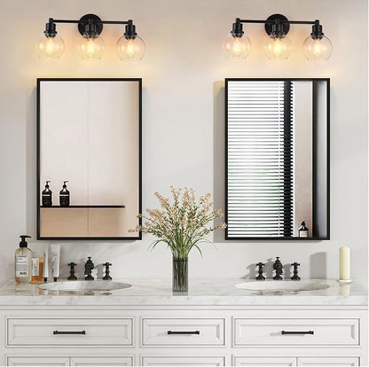 Bathroom Vanity Light 3 Light, Black Bathroom Light Fixtures with Clear Globe Glass Shade, Matted Black Wall Sconce Over Mirror for Kitchen, Living Room