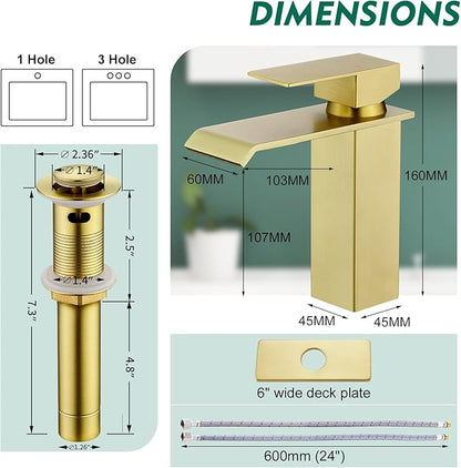 CREA Brushed Gold Bathroom Faucet 1 Hole,Gold Waterfall Bathroom Faucet Single Handle Bathroom Sink Faucet with Drain Stopper/ 3 Hole Deck Plate,RV Basin Vanity Faucet,Stainless Steel