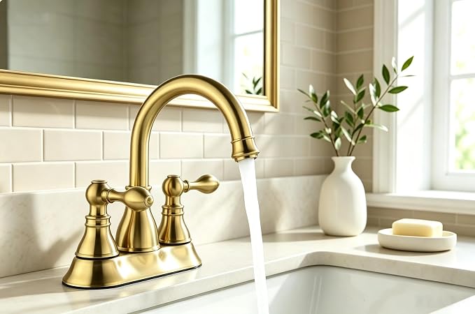 Two Handle Bathroom Sink Faucet 3 Hole with Overflow Pop up Drain, 360° Swivel Spout 4 Inch Centerset Lavatory Faucet Without Water Supply Lines,Brushed Gold,F-4501-CS