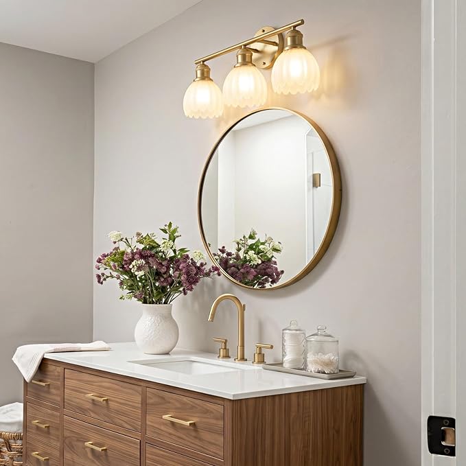 Bathroom Light Fixtures, 3-Light Brushed Gold Vanity Lights for Bathroom with White Tulip Glass Shade, 20" Vintage Bathroom Vanity Lighting Fixtures Over Mirror for Bedroom Living Room Hallway