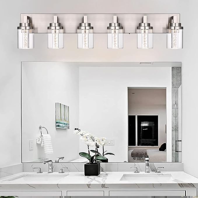 MELUCEE 6-Light LED Bathroom Light Fixtures Brushed Nickel 3000K-6000K | Dimmable Bubble Crystal Vanity Lights with Clear Glass, 5CCT Wall Sconce Lamp for Bathroom Restroom, Built-In Led Chips