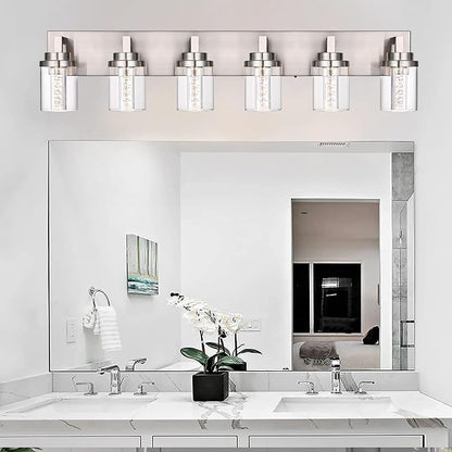 MELUCEE 6-Light LED Bathroom Light Fixtures Brushed Nickel 3000K-6000K | Dimmable Bubble Crystal Vanity Lights with Clear Glass, 5CCT Wall Sconce Lamp for Bathroom Restroom, Built-In Led Chips