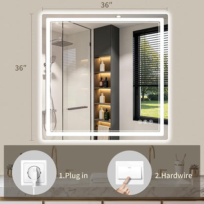 36"x36" LED Bathroom Mirror with Lights, Backlit + Front Lit, Anti-Fog, Lighted Bathroom Mirror for Wall, HD Shatterproof Tempered Glass, Dimmable, Memory Function (Horizontal/Vertical)