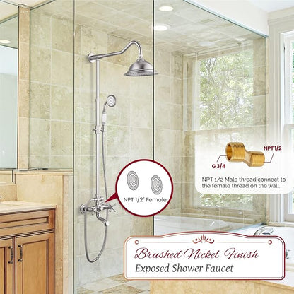 gotonovo Vintage Exposed Shower Faucet Set with Tub Spout,Brushed Nickel | Bathtub 8” Shower Head with Handheld System Fixtures Combo Kit,360°Rotation,Fast Filler,Extra Extension Tube,for 5-6.7" Hole