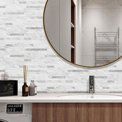 STICKGOO 2 Sheets Peel and Stick Backsplash Tile, Stick on Backsplash for Kitchen and Bathroom, White Marble Look PVC Mixed Metal Silver Self Adhesive Wall Tiles