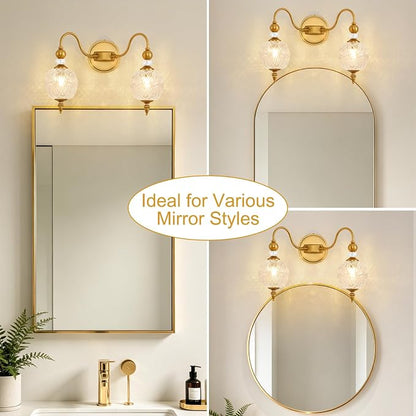 Vintage 2-Light Bathroom Vanity Light Over Mirror, Matte Brass | 17in Wide Farmhouse Bathroom Decor, Ribbed Glass Shades, G9 base, Wall Mounted, Mid Century Wall Sconces Vanity Lighting