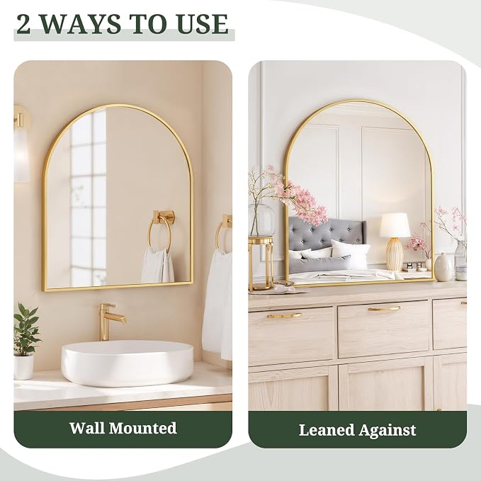 Arched Wall Mirror 32x31 Inch Gold Bathroom Vanity Mirror with Metal Frame | Modern Arch Mirror for Bedroom, Living Room, Entryway, Wall Mounted Decorative Mirror