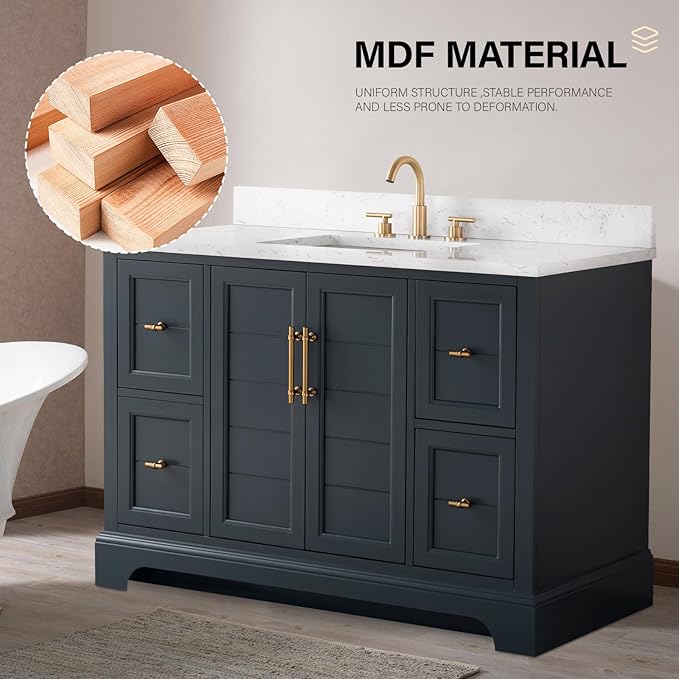 HOMEBEYOND 48 Inch Bathroom Vanity with Single Sink & Ceramic Top, Vanity Cabinet with Center Countertop Basin, Soft-Closing Doors, Backsplash, Vintage Spruce Blue