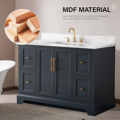HOMEBEYOND 48 Inch Bathroom Vanity with Single Sink & Ceramic Top, Vanity Cabinet with Center Countertop Basin, Soft-Closing Doors, Backsplash, Vintage Spruce Blue