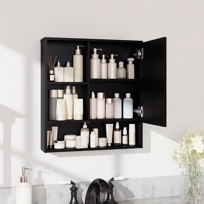 Panana Bathroom Medicine Cabinet with Mirror, Wall Mounted Single Mirror Door Storage Cabinet with 3 Open Compartments, Adjustable Height Shelf, 21.9x5.1x23.6 inch (Black)
