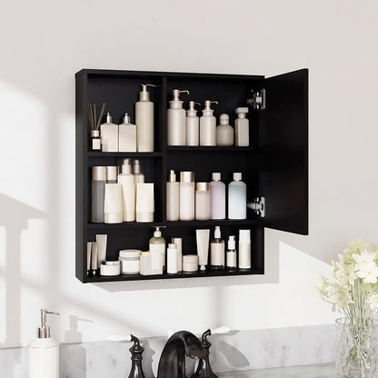 Panana Bathroom Medicine Cabinet with Mirror, Wall Mounted Single Mirror Door Storage Cabinet with 3 Open Compartments, Adjustable Height Shelf, 21.9x5.1x23.6 inch (Black)