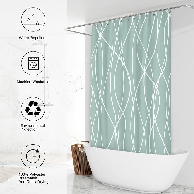 Striped Shower Curtain for Bathroom, Light Green, 72" W x 72" L | with Hooks, Modern Hotel Style, Water Repellent, Washable, Weighted Hem