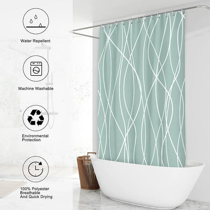 Striped Shower Curtain for Bathroom, Light Green, 72" W x 72" L | with Hooks, Modern Hotel Style, Water Repellent, Washable, Weighted Hem