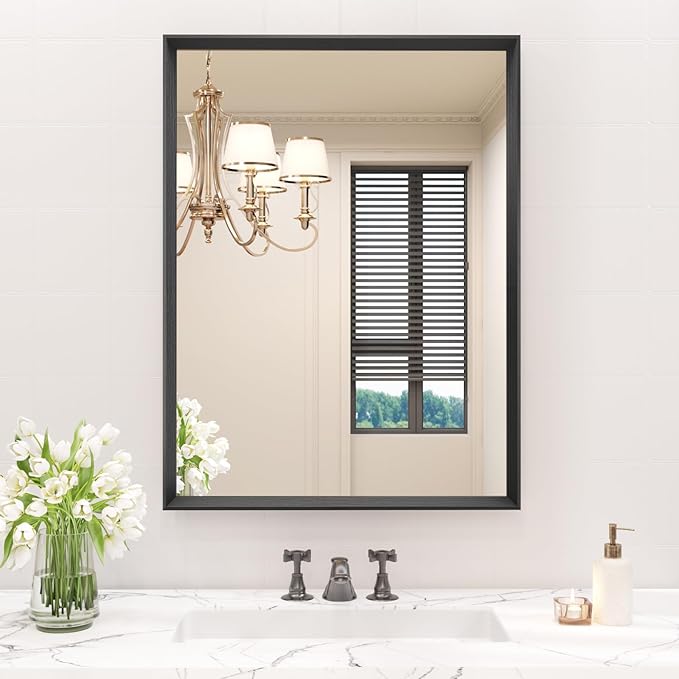 22x30 Inch Bathroom Mirror, Matte Black Framed Rectangle, 4MM Tempered Glass, Anti-Rust, Wall-Mounted Vanity Mirror for Bathroom & Bedroom - Hangs Horizontally or Vertically
