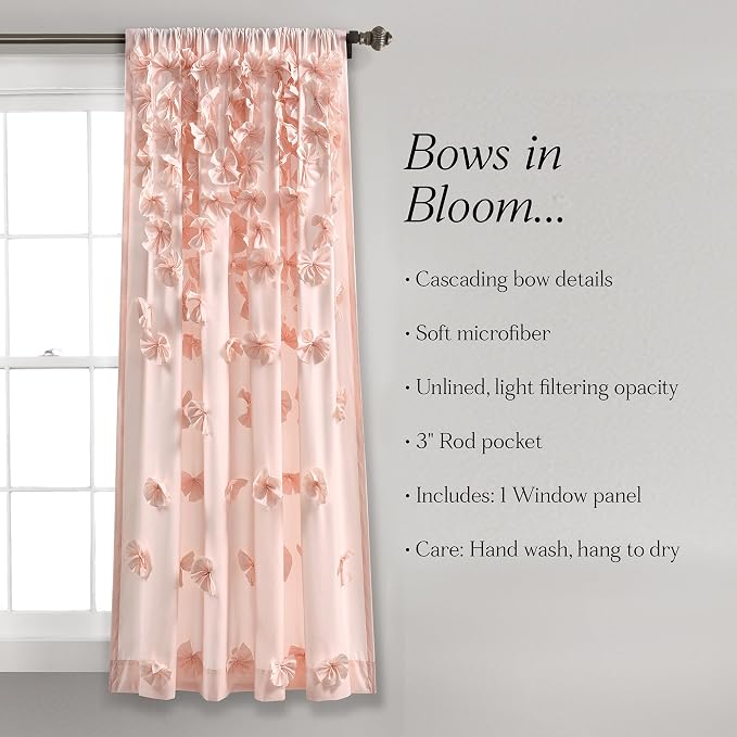 Lush Decor Riley Light Filtering Window Curtain Panel, Single 54" W x 63" L, Blush - Cute Pink Curtains for Bedroom - Bow Decor - Coquette Curtains for Windows