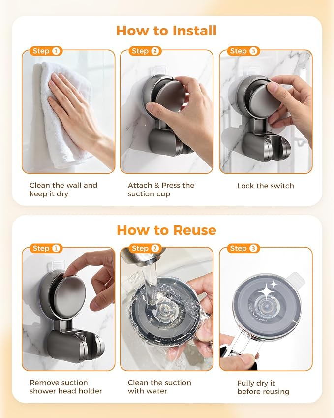 JOTPE Adjustable Suction Cup Shower Head Holder, Wall Mount, Gray | Adjustable holder fits most handheld shower heads, Reusable suction cup installs without drilling on smooth surfaces