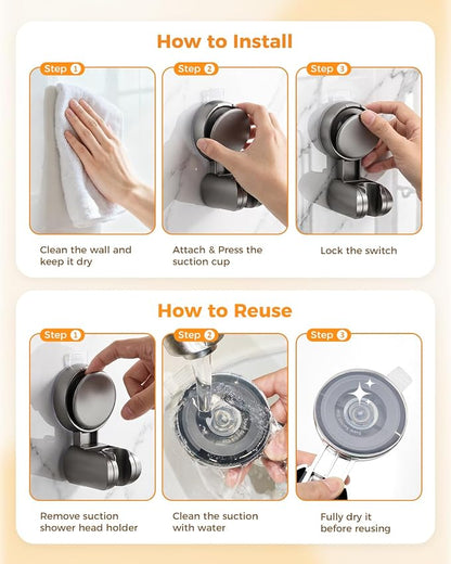 JOTPE Adjustable Suction Cup Shower Head Holder, Wall Mount, Gray | Adjustable holder fits most handheld shower heads, Reusable suction cup installs without drilling on smooth surfaces