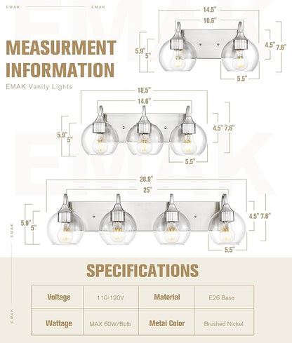 Emak 3-Light Bathroom Vanity Lights Over Mirror, Globe Bathroom Light Fixtures with Clear Glass Shade, Modern Brushed Nickel Vanity Light for Bath, Mirror, VL118-BN-CG-3