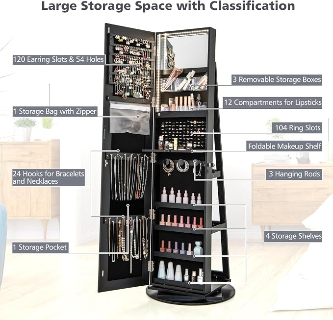 MAT EXPERT 360° Rotating Jewelry Armoire, Lockable Freestanding Jewelry Organizer w/Full-length Mirror, 3-Color LED Lights, Rear Storage Shelves, Mirror Jewelry Cabinet for Bedroom (Black)