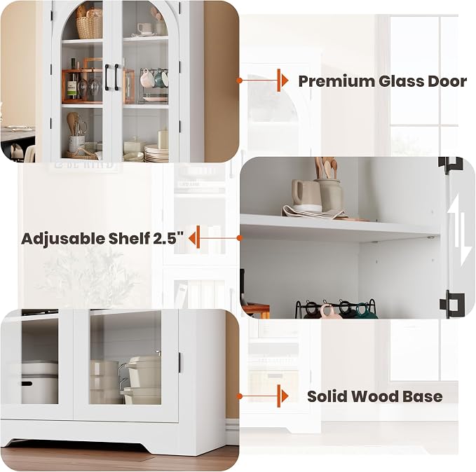 Garvee 70" Tall Kitchen Pantry Cabinet with 4 Arched Glass Doors, White | Modern Display Cabinet with Adjustable Shelves, Versatile Cupboard Organizers for Kitchen, Dining Room, Living Room, Bathroom