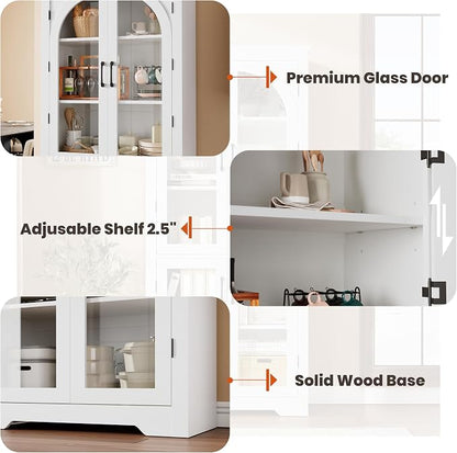 Garvee 70" Tall Kitchen Pantry Cabinet with 4 Arched Glass Doors, White | Modern Display Cabinet with Adjustable Shelves, Versatile Cupboard Organizers for Kitchen, Dining Room, Living Room, Bathroom