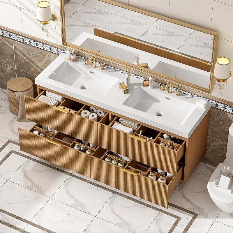 60 Inch Natural Color Floating Double Sink Bathroom Vanity with SMC Countertop and 4 Divided Drawers for Medium or Large Bathroom Room, Painted MDF Cabinet, Wall-Mounted