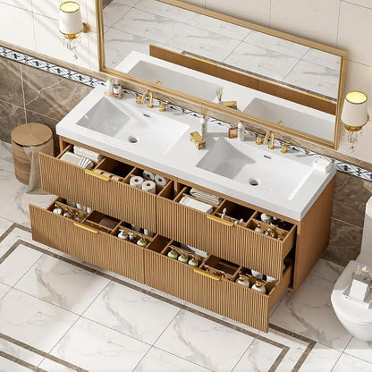 60 Inch Natural Color Floating Double Sink Bathroom Vanity with SMC Countertop and 4 Divided Drawers for Medium or Large Bathroom Room, Painted MDF Cabinet, Wall-Mounted