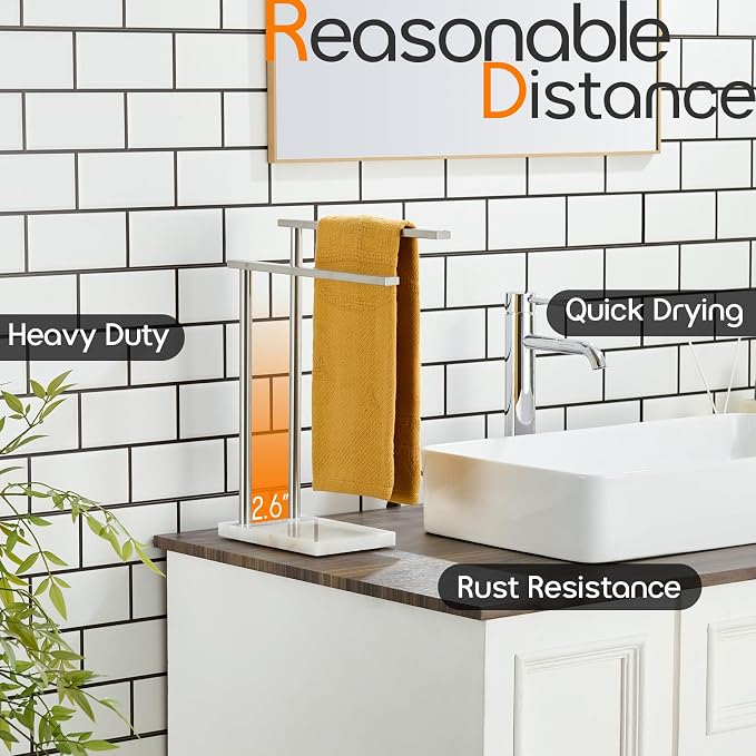 Free Standing Towel Rack Brushed Nickel 2-Tier Hand Towel Bars for Bathroom Vanity Countertop with Thicken Steady Marble Base, Stainless Steel AN7003BR