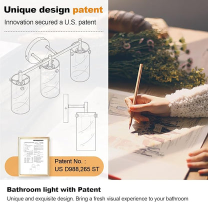 Indoi Bathroom Light Fixtures, 3-Light Black and Gold Vanity Light, Black Bathroom Lights Over Mirror with Clear Glass Shade for Mirror Bedroom Living Room