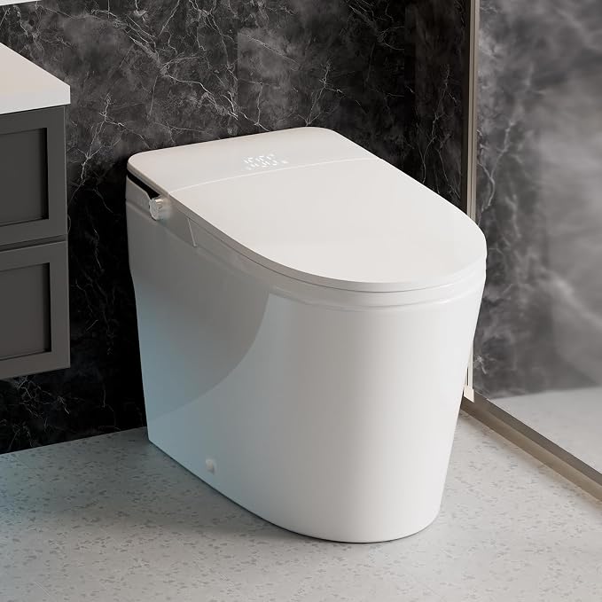 Smart Toilet with Bidet Built-In, Auto Flush, Auto Open/Close Lid, Foot Sensor, Heated Seat, Warm Water Wash, Warm Air Dryer, Deodorizer, Night Light, Remote Control (White)
