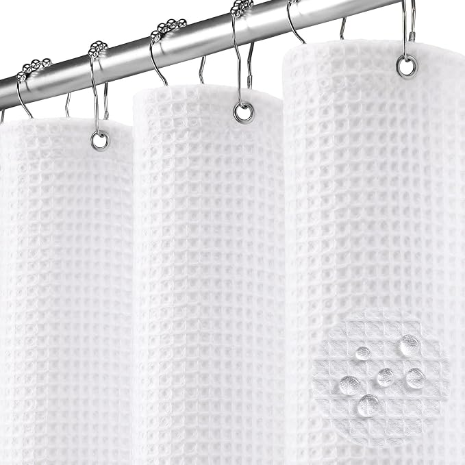 Waterproof Waffle Weave Shower Curtain - White Cotton Fabric Texture Heavyweight Shower Curtain for Bathroom,Washable,72Wx72L