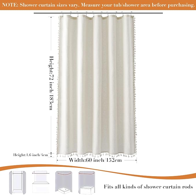 Stall Natural Boho Linen Shower Curtain Vintage Country Textured Tassel Shower Curtain Set with Hooks 54 Inches Wide Modern Neutral Farmhouse Cottage Curtain for Bathroom 54x78, Cream