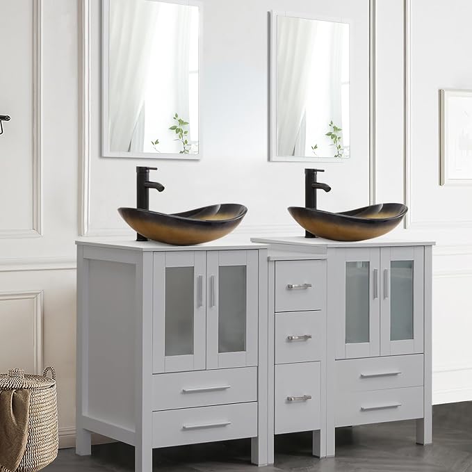 60" Double Sink Bathroom Vanity,Grey Bathroom Vanity with Double Side Vanity Cabinets & Removable 3 Drawer Storage Cabinet with Modern Vessel Sink,Mirror Not Included(029CH)