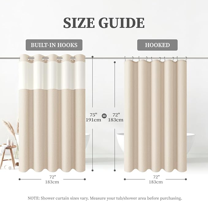 Cream Ringless Linen Textured Shower Curtain with Snap in Liner, 72x75 | 3 in 1 Hotel Shower Curtain Set, Removable Liner, Waterproof & Washable, Mesh Top Window, Durable Fabric, Easy to Install