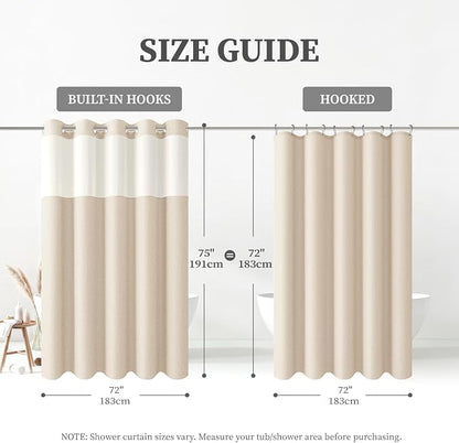 Cream Ringless Linen Textured Shower Curtain with Snap in Liner, 72x75 | 3 in 1 Hotel Shower Curtain Set, Removable Liner, Waterproof & Washable, Mesh Top Window, Durable Fabric, Easy to Install