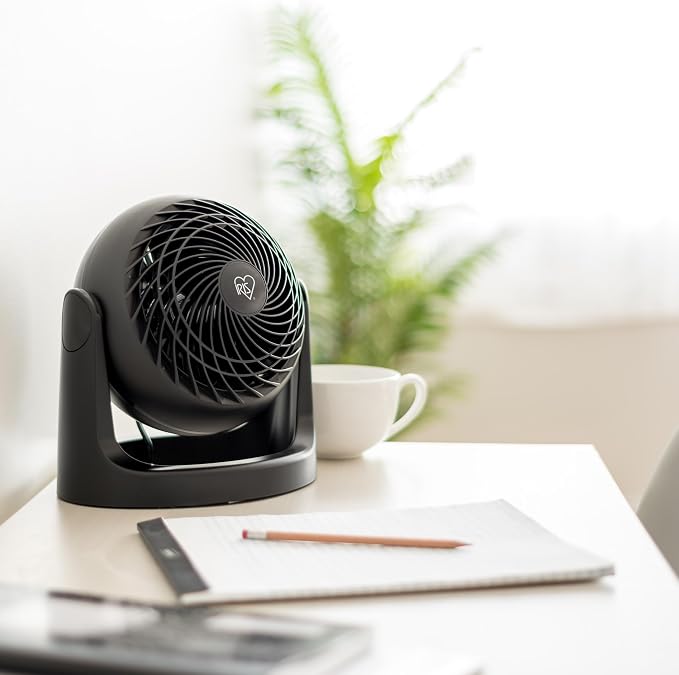 IRIS USA Desk Fan, Air Circulator, 3 Speeds, 52ft Max Air Distance, 360° Adjustable Tilt, 30 db Quiet Motor, Fan for Bedroom, Office, Dorm, Medium, Black