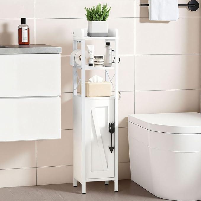 VECELO Small Bathroom Cabinet,Slim Toilet Paper Holder with Door & 2 Shelves,Narrow Storage Organizers Fenced Top Waterproof Coating for Restroom Bathroom in Tiny Space,White