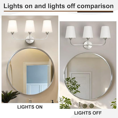 Bathroom Vanity Light, Brushed Nickel Bathroom Light Fixtures, 3-Light Lighting Fixtures Over Mirror, Modern Wall Sconce with Flared White Fabric Shade, E26 Socket(ETL Listed)