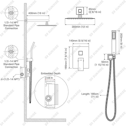 SR SUN RISE 12 Inches Bathroom Luxury Rain Mixer Shower Combo Set Wall Mounted Rainfall Shower Head System Brushed Nickel Finish Shower Faucet Rough-In