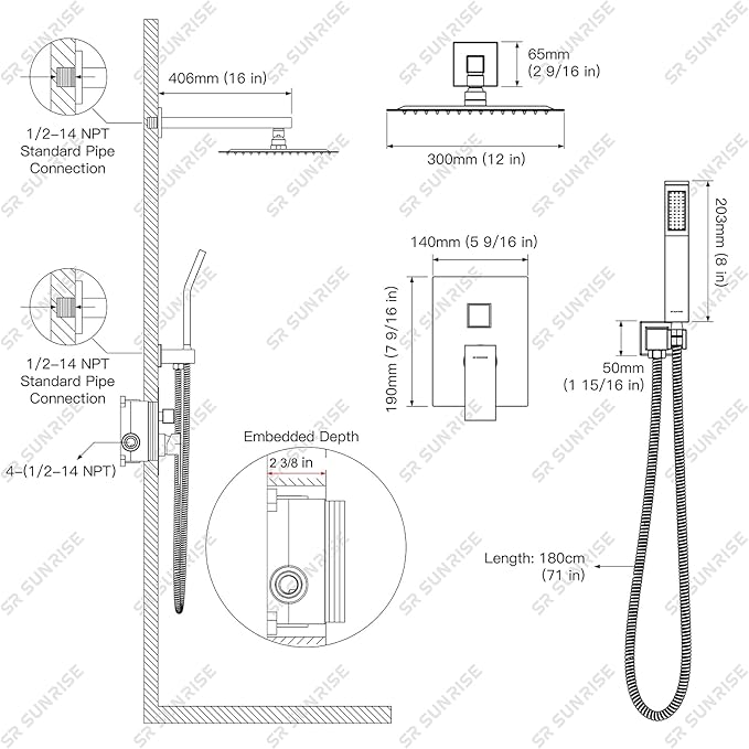 SR SUN RISE Oil Rubbed Bronze Shower System 12 Inches Brass Bathroom Luxury Rain Mixer Shower Combo Set Wall Mounted Rainfall Shower Head System Shower Faucet Rough-in Valve Body and Trim Included