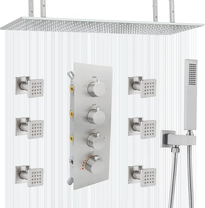 16X32 Inch Ceiling Mount Large Rainfall Shower System Thermostatic Multi Jet Shower Faucet System Luxury Massage Shower Fixtures Set with 6 Body Spray Jets, Run All at the Same Time (Brushed Nickel)